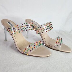 STEVE MADDEN Bubbly Studded Clear Strap Mules Heels Nude Beige Size 7M